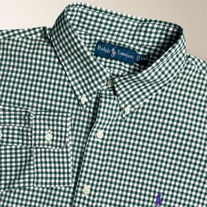 Ralph Lauren Men's XXL Cotton Green White Plaid Long Sleeve Button Down‎ Shirt